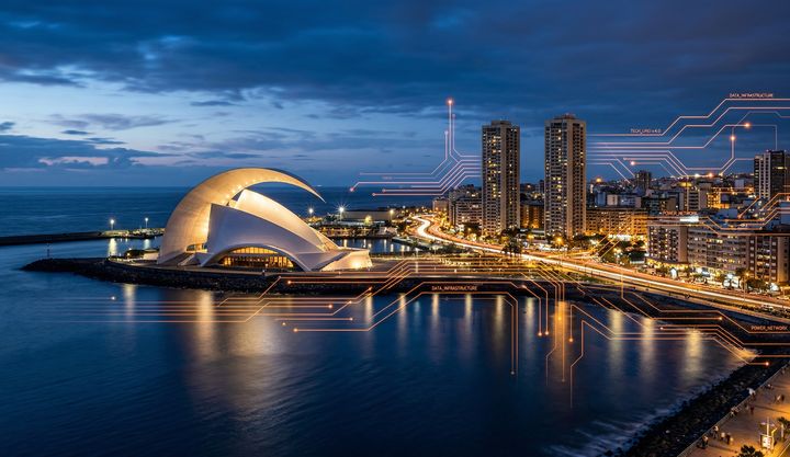 Torres de Santa Cruz under a corporate sunset sky