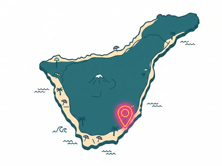 Mapa costero soleado de Tenerife con marcadores brillantes