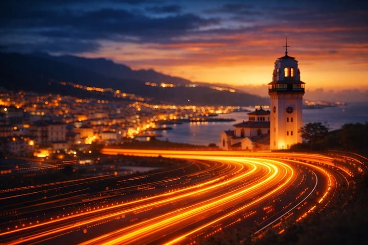 Candelaria Basilica at dawn with the TF-1 highway transformed into a flow of orange data lights.