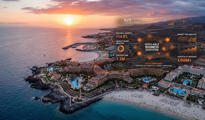 Cinematic aerial view of Costa Adeje with luxury hotels and coast, under an orange performance graphics overlay.