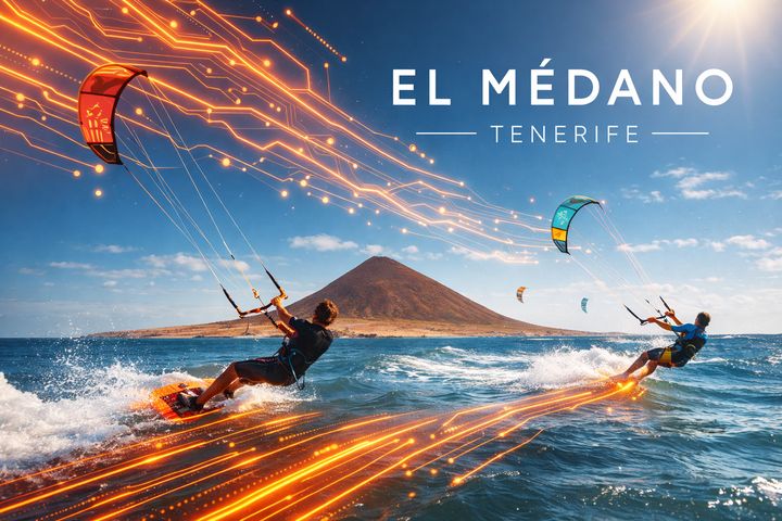 Action photograph of kitesurfers jumping in front of Montaña Roja with orange code lines in the wind.