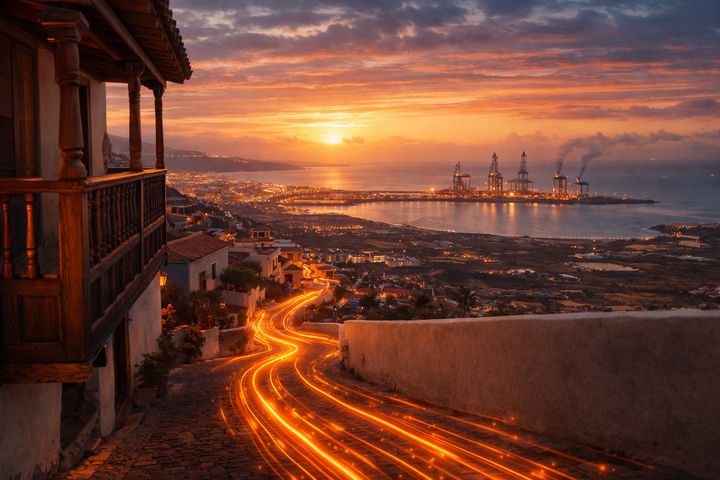 View from Granadilla Pueblo towards the Port, connected by orange light threads.