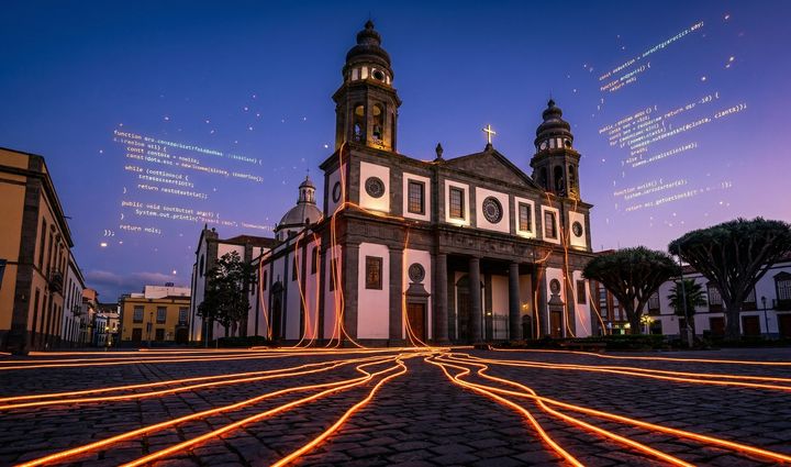 Cinematic photograph of Calle Carrera in La Laguna with an orange code overlay (#FF6F00) sprouting from the cobblestones.