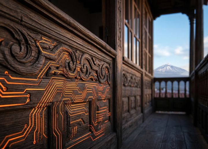 Balcón tallado típico de La Orotava con líneas de datos fluyendo entre la madera y el Teide de fondo.