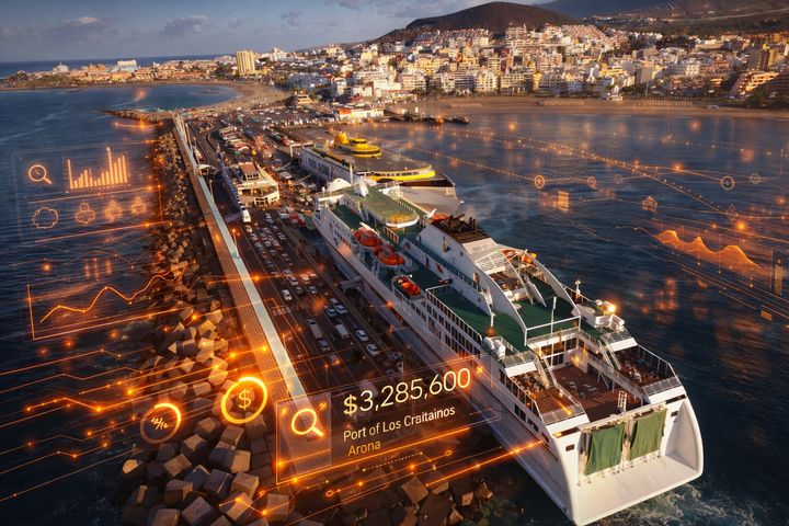 The Port of Los Cristianos in full activity with a digital orange HUD overlay detecting business opportunities.