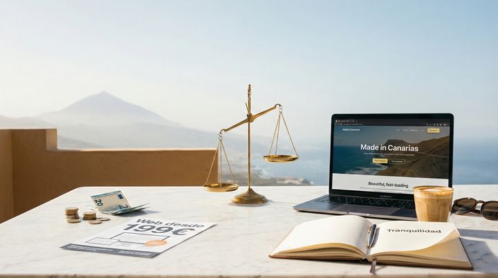 Dueño de negocio relajado en Tenerife con fondo tecnológico abstracto